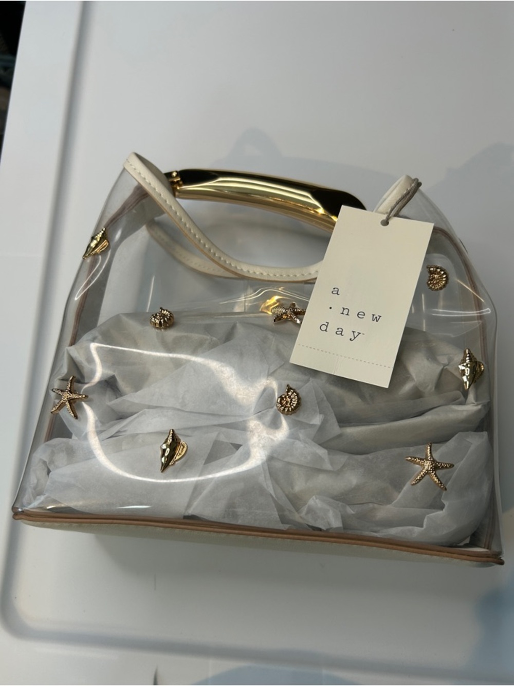 A New Day Clear Mini Tote with Gold Shell Accents and Cream Trim